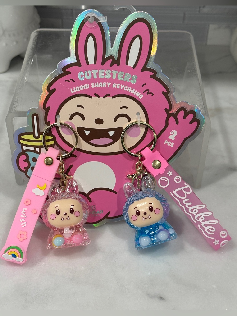 Danbar Global Cutesters Pink & Blue Liquid Shaky BUNNY Keychain / Bag Charm Set